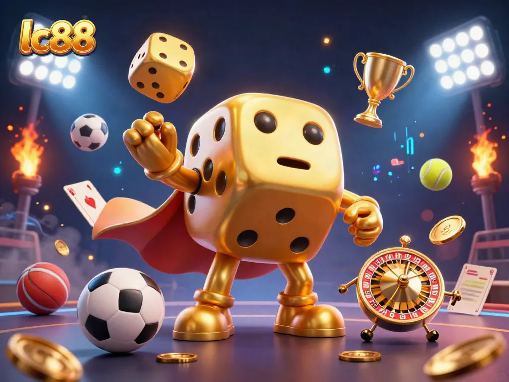 Experience thrilling games at lc88 with a vibrant scene of golden dice and sports balls in motion.