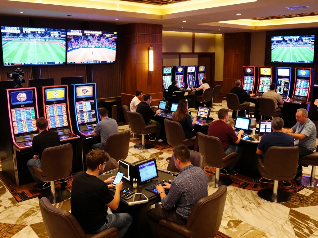 Join enthusiastic players placing bets at a nohu sports betting area in a modern casino atmosphere.