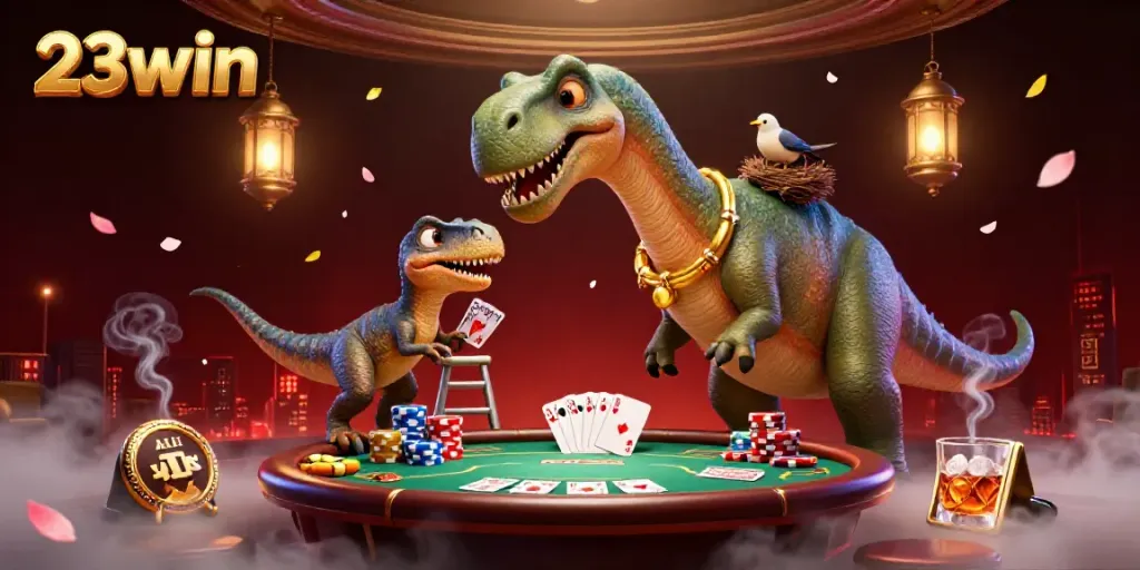 Engage with the thrilling poker atmosphere at 23win, featuring a 3D brontosaurus and clever raptor in a vibrant casino scene.
