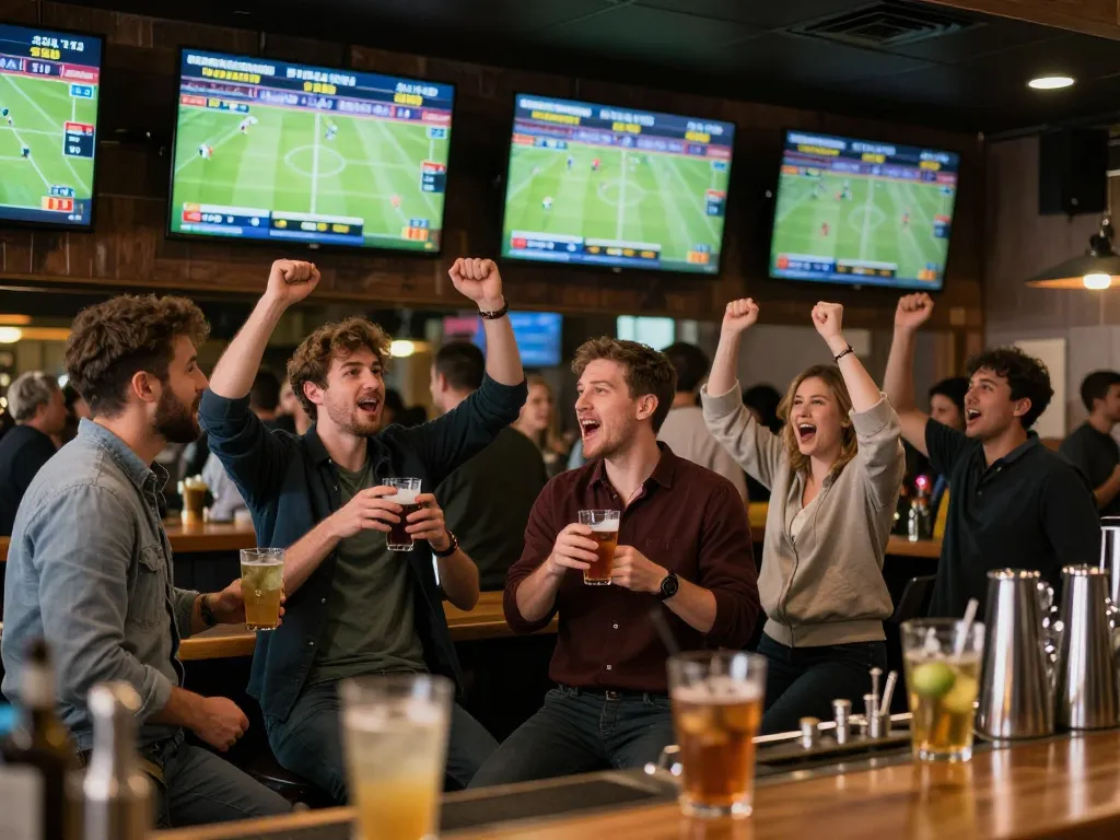 Sports betting on Nowgoal with live game updates in an energetic bar setting