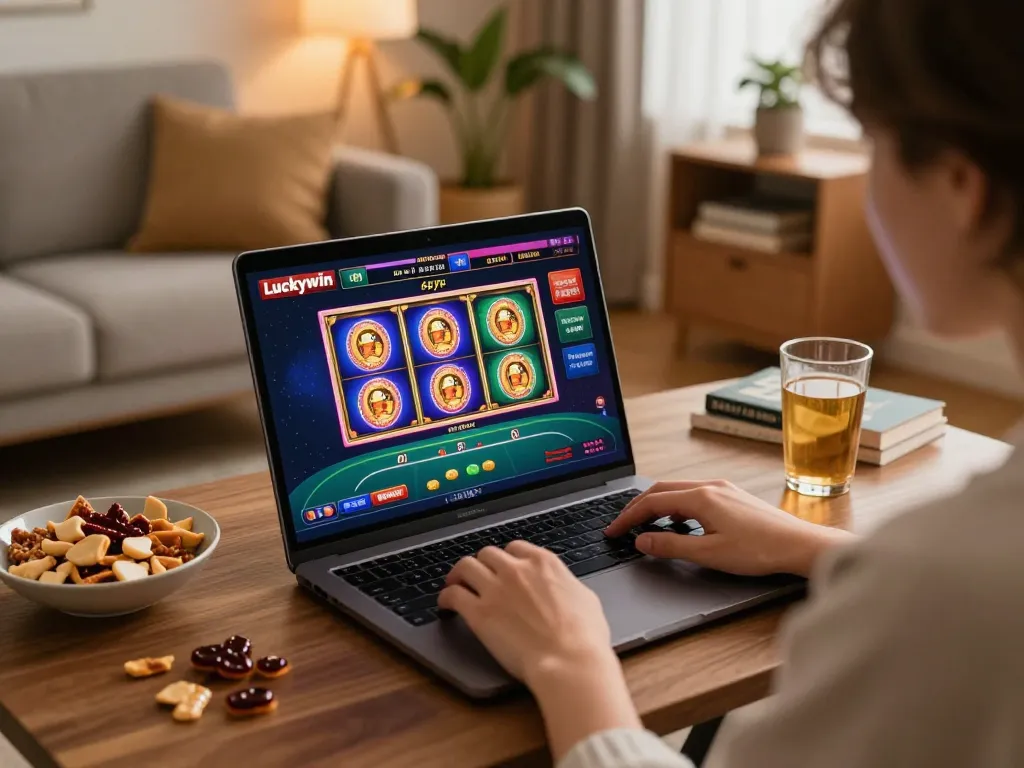 Person enjoying Luckywin online gaming experience at home with colorful slot machines on screen