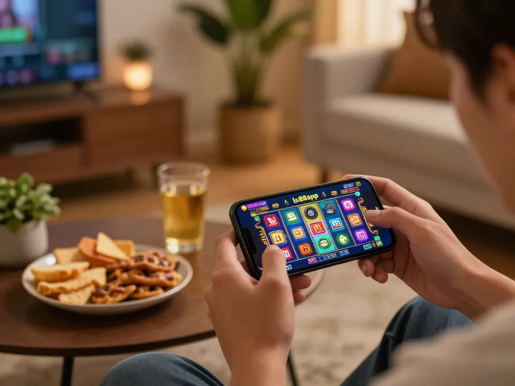 Engaging moment of online gaming with lc88app slot machine action on a smartphone, showcasing a cozy home atmosphere.