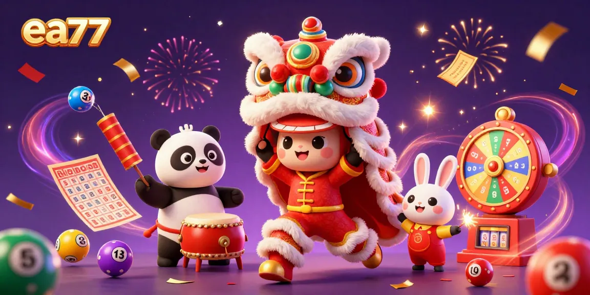 Win exciting prizes with ea77 in a dynamic casino-themed celebration featuring vibrant characters and game elements.