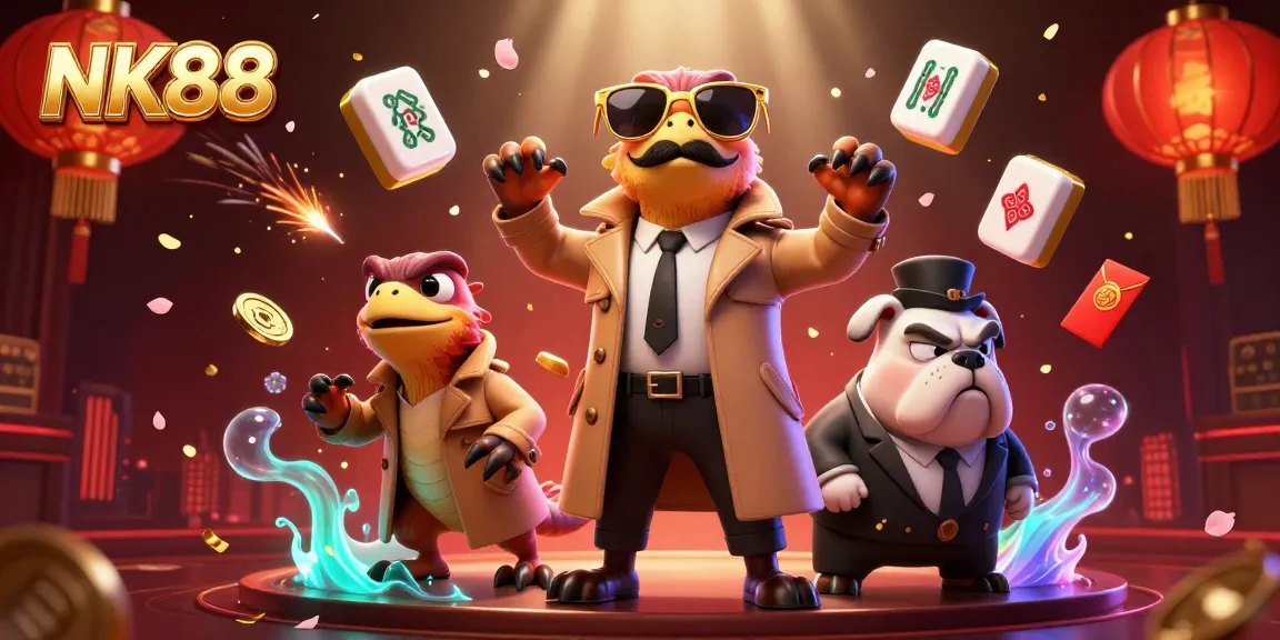 Experience NK88 with a whimsical 3D raptor scene in a vibrant casino setting.