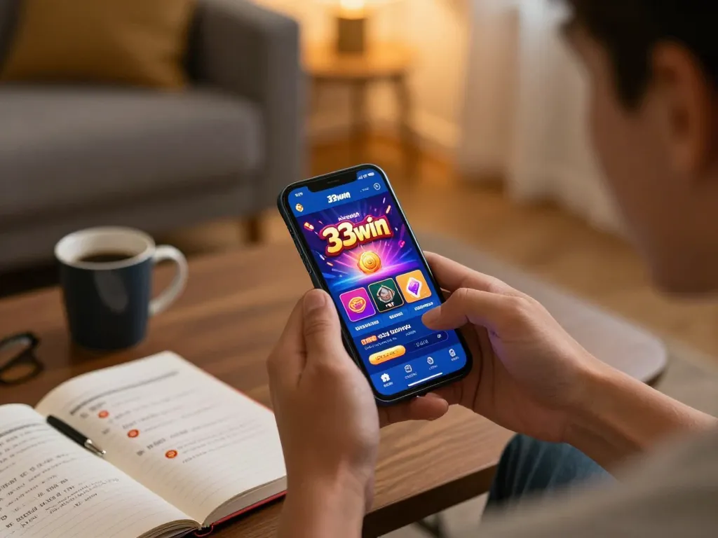 Player engaging with the 33win mobile app, enjoying a dynamic online gambling experience in a cozy setting.