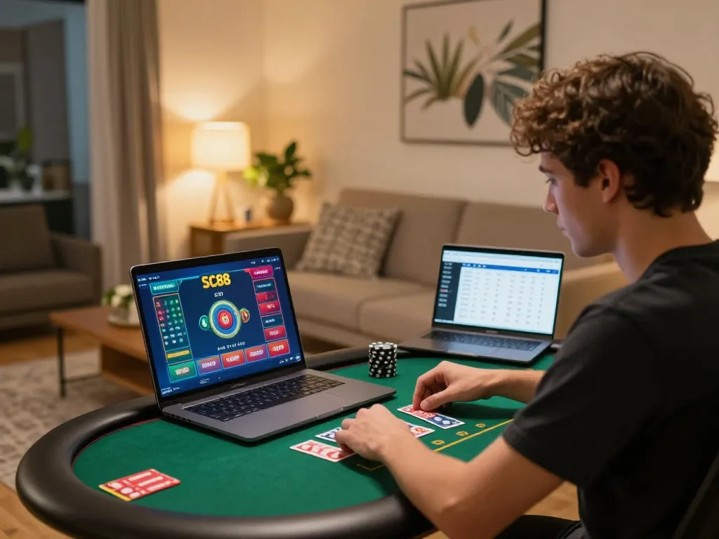 Player engaging with SC88 online gambling platform on laptop, analyzing poker strategy in a cozy home setting.