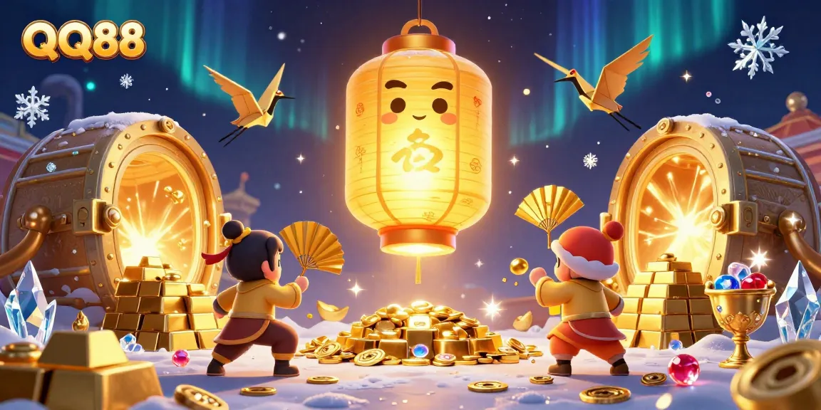 Engage with QQ88’s vibrant casino spirit surrounded by glowing treasures and animated characters for an exciting gaming experience.