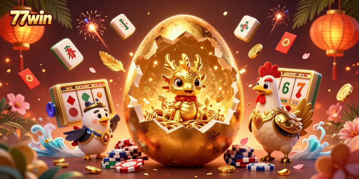 Experience thrilling moments at 77win with an illustration of a golden dragon guarding poker chips and casino elements.