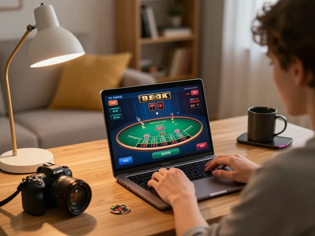 Engaging in online blackjack at GG88, showcasing strategic gameplay in a cozy home setting.