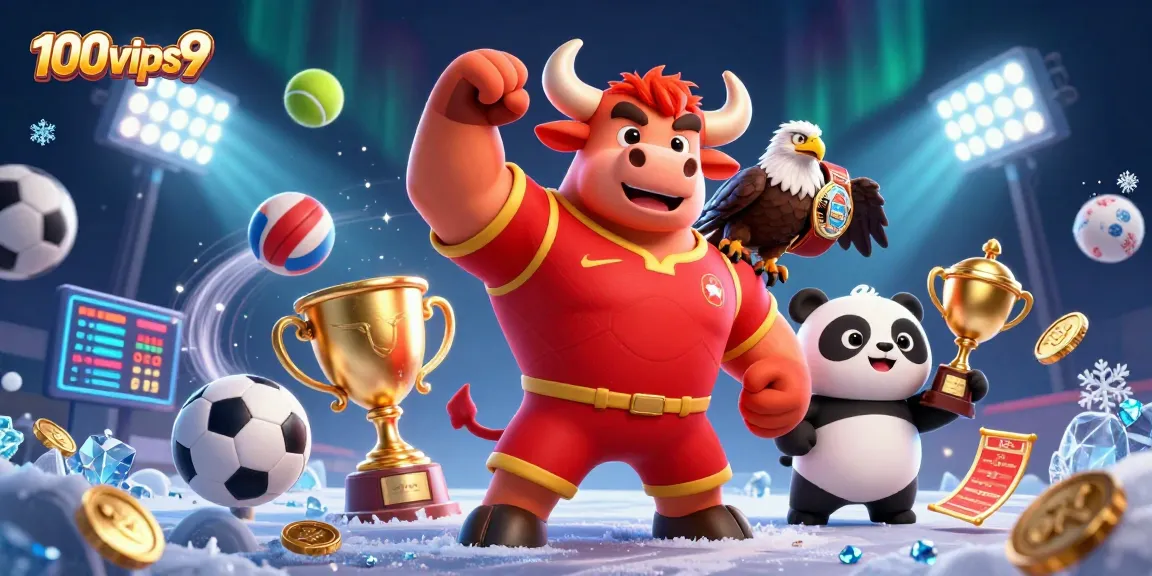 Engage in thrilling action at 100vips9 with a triumphant bull mascot, eagle, and panda.