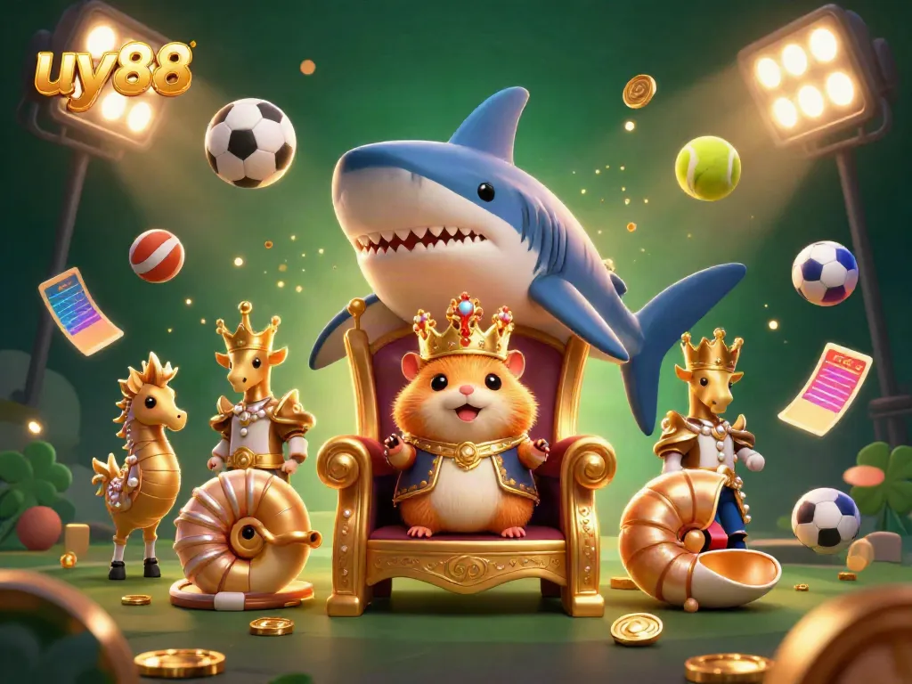 Experience thrilling gaming at uy88 with a golden hamster king and seahorse guardians in an exciting casino scene.