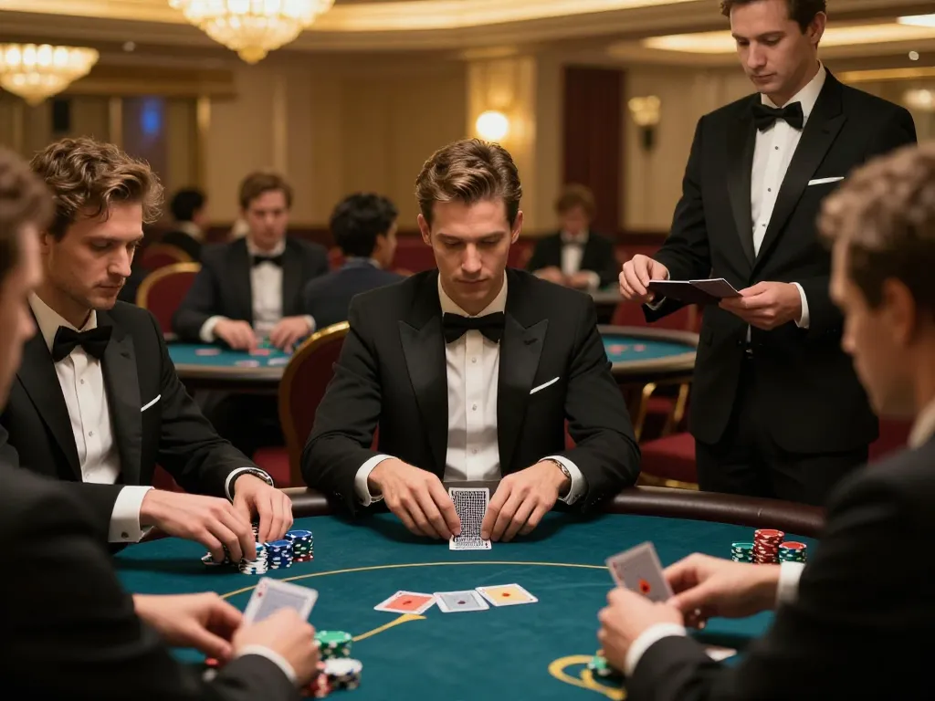 Players analyzing cards in a BL555 poker game at a luxurious casino table, showcasing the strategic atmosphere.