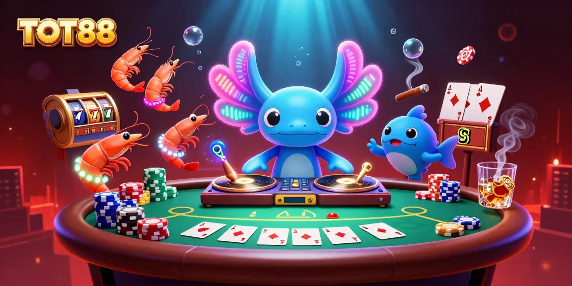 Experience the vibrant TOT88 casino scene with a neon axolotl DJ amongst colorful poker supplies.