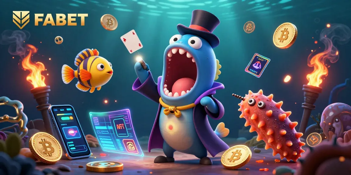 Performing card tricks in the FABET underwater casino scene with unique characters.
