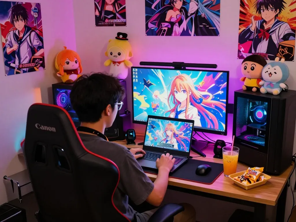 Player enjoying a hentai game on laptop in a colorful gaming setup with ambient lighting.