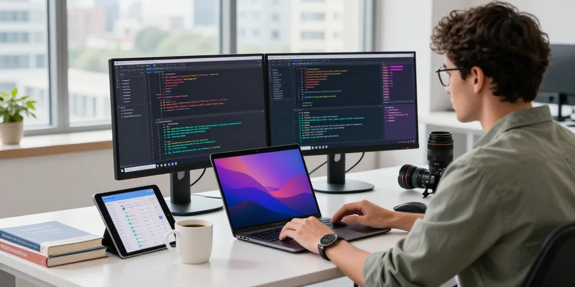 Pengembang di ruang kerja modern dengan laptop dan kode, menampilkan elemen inovatif dari 68gb.