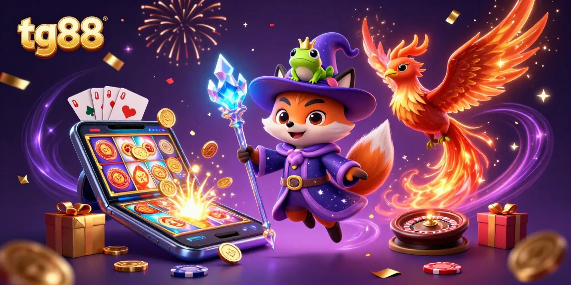 Engage with tg88's vibrant casino action featuring a wizard fox, phoenix, and animated gambling elements.