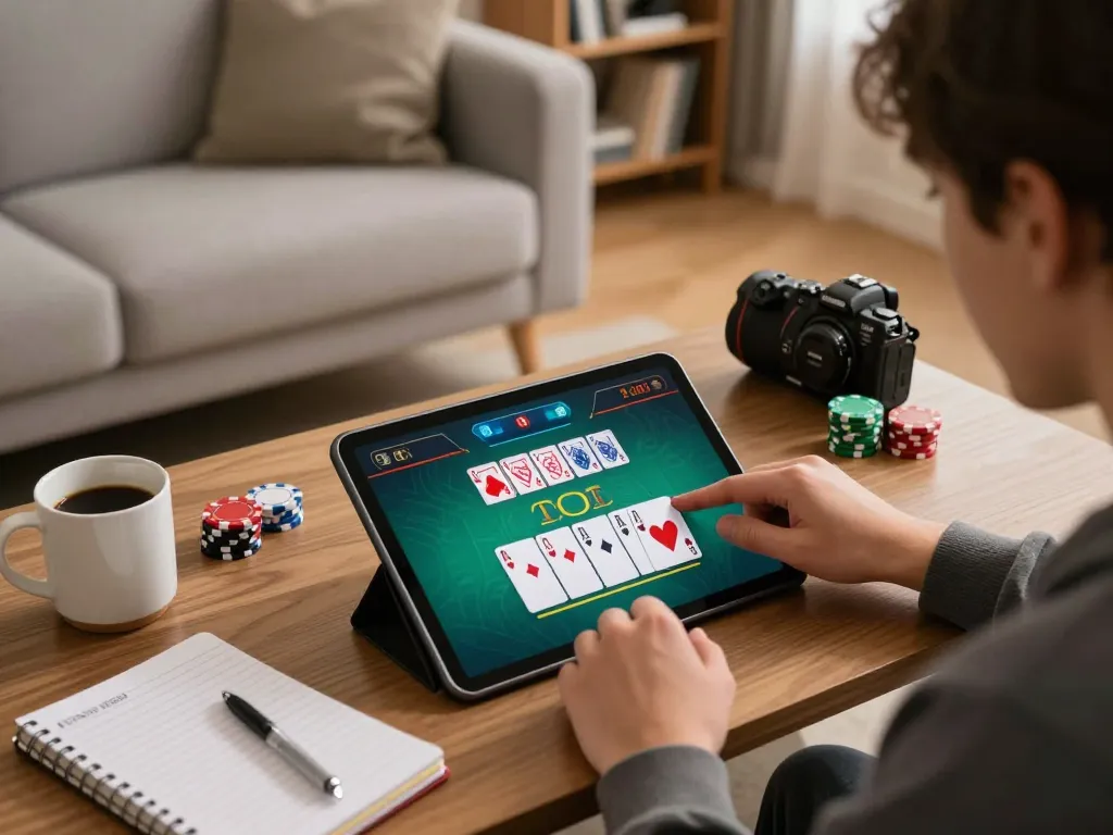 Fly88 player engaged in live blackjack while enjoying comfortable home atmosphere and strategic preparation.