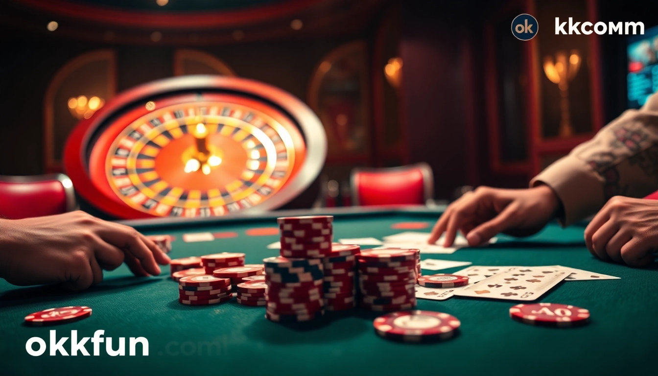 Experience the thrill of winning at okfun.com with an engaging poker and roulette scene.