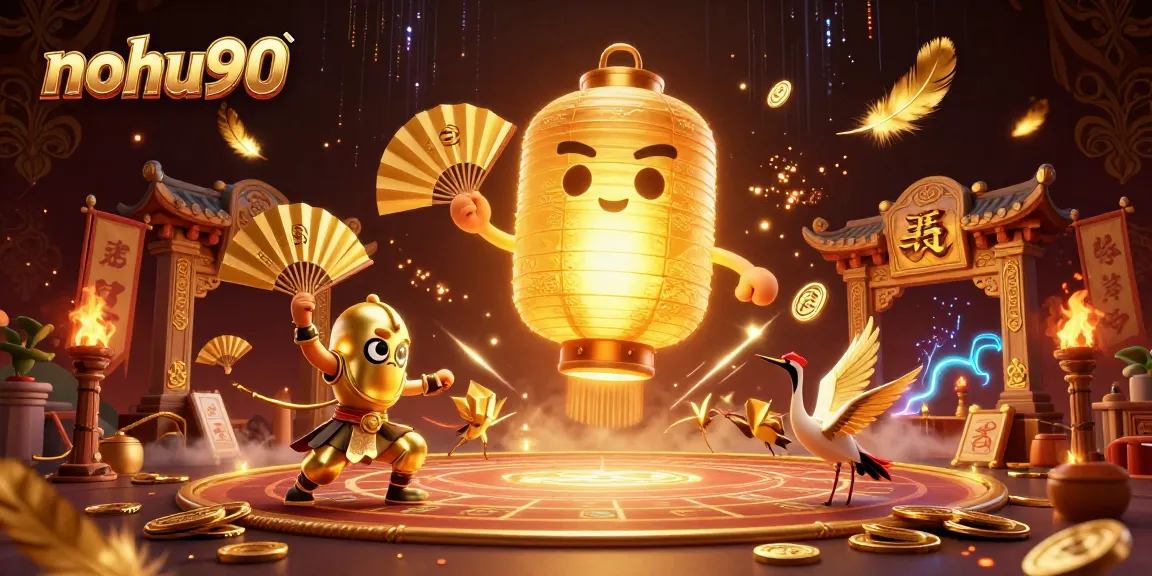 Nohu90 showcases an enchanting 3D casino scene featuring a golden lantern spirit and paper fan warriors amidst a lively atmosphere.