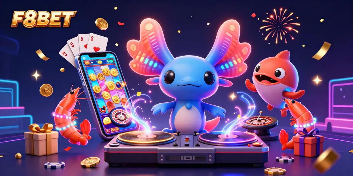 Engage as F8BET's vibrant casino world comes alive with a neon axolotl DJ and slot game excitement!