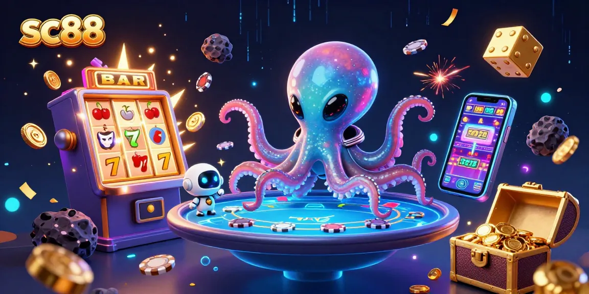 Experience high-stakes gaming action with sc88 in this vibrant 3D casino scene featuring poker tables and slot machines.