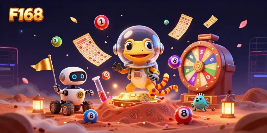 Experience F168's exciting golden casino on Mars with vibrant gaming elements in a rich, detailed scene.