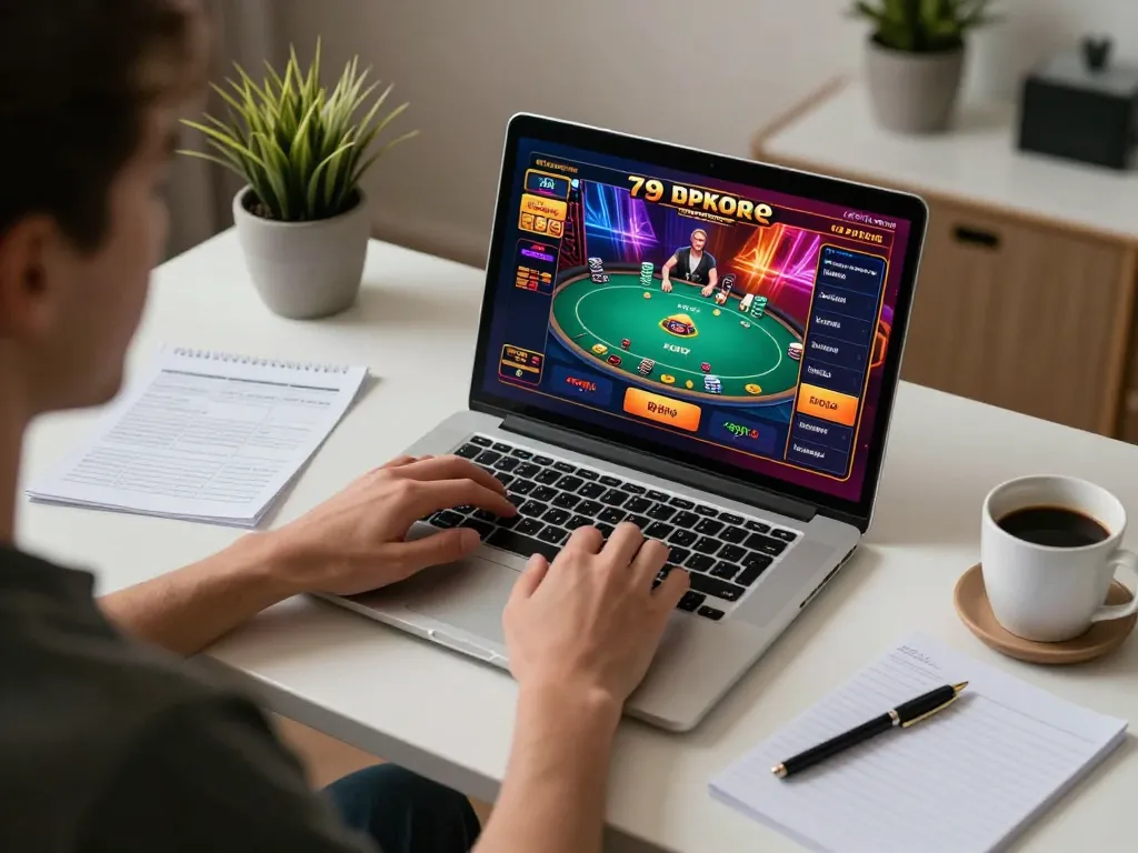 Engaging in fun 79 online gaming at home with a laptop and strategy notes.