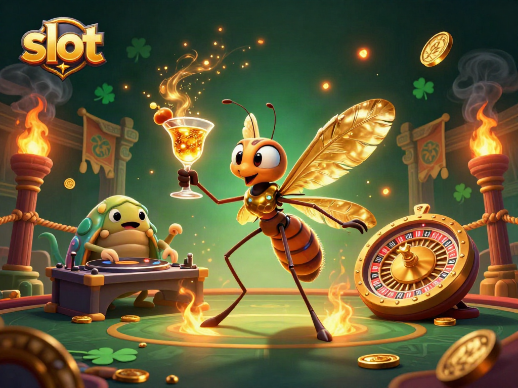 Engaging slot scene featuring a casino mascot and unique characters amidst swirling golden coins and sparks.