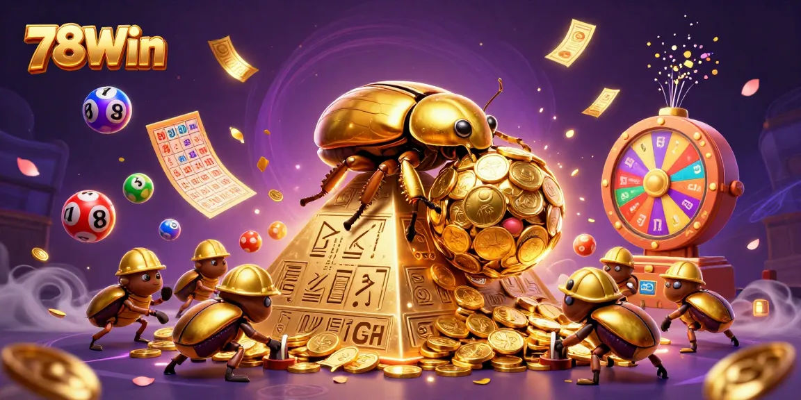 Engage with the thrilling world of 78Win while a giant dung beetle rolls golden coins amidst vibrant gaming symbols.