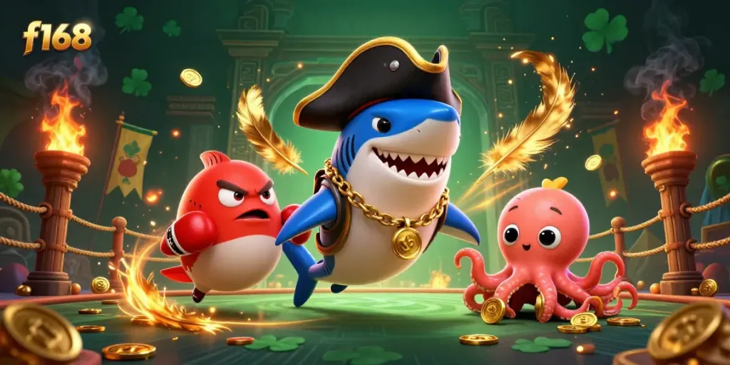 Engaging scene of a shark, pufferfish, and octopus in a vibrant f168 casino atmosphere, surrounded by gold coins and gambling elements.