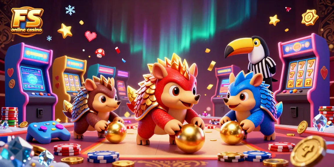 Engage with FS online casino through a vibrant 3D cartoon illustration featuring pangolins and casino elements.