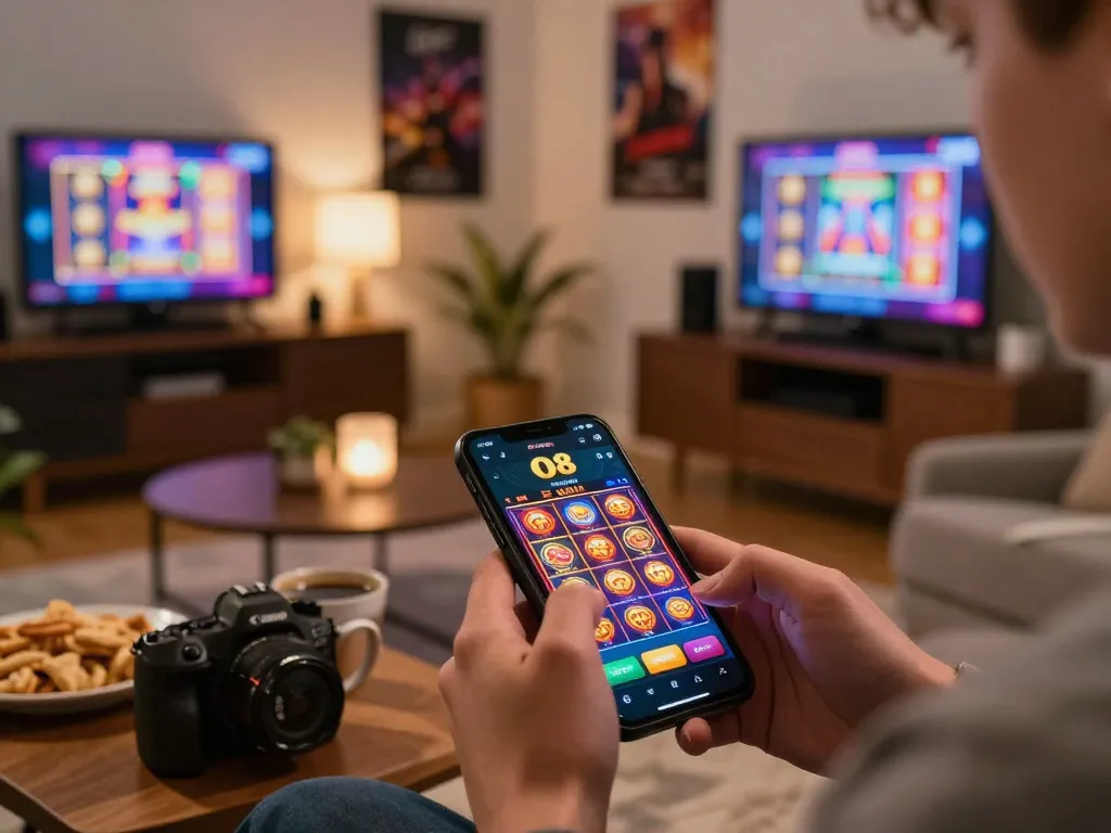 Engaging mobile gameplay on O8 casino app in a cozy home atmosphere with vibrant slots displayed.