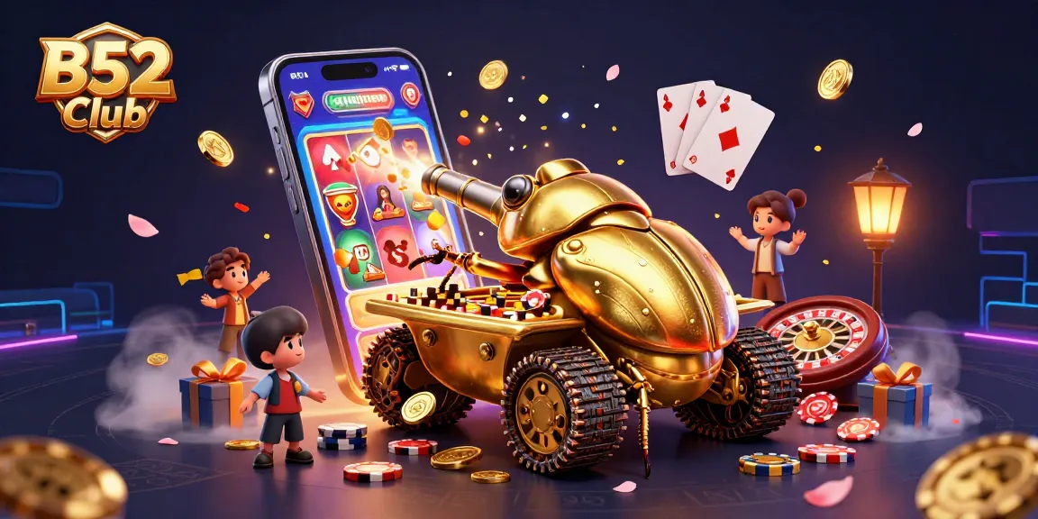 B52 Club engages players with a vibrant casino atmosphere filled with colorful slot games and golden coins.