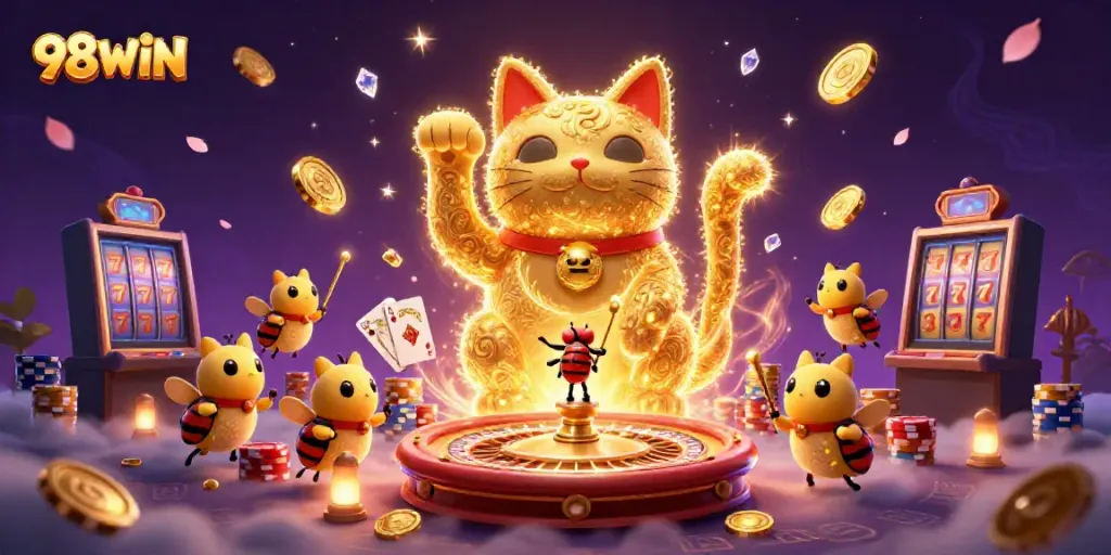 Experience the excitement of 98WIN with golden fireflies forming a lucky cat amidst colorful casino elements.