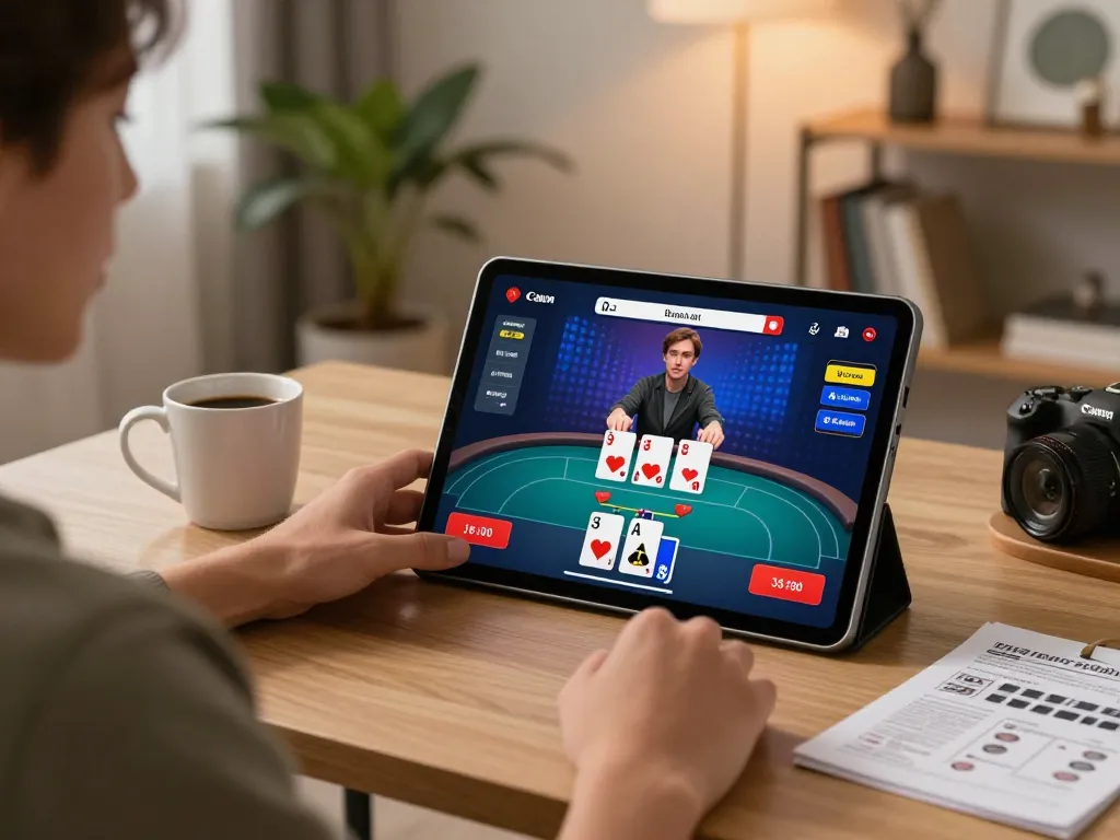 Engage with 78 WIN through immersive online poker gameplay on tablet in a cozy home office.