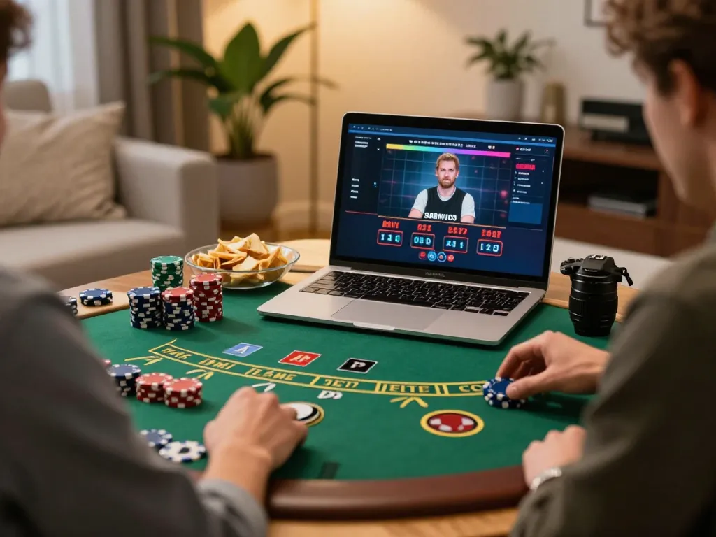 MMOO player enjoying live dealer blackjack from home, immersive online gaming atmosphere.