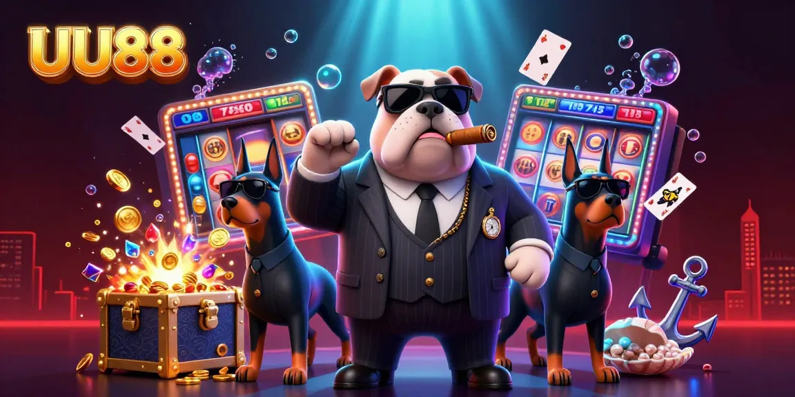 UU88: Engaging slot gamers with a vibrant 3D mafia-themed casino scene, showcasing thrilling jackpots and treasures.