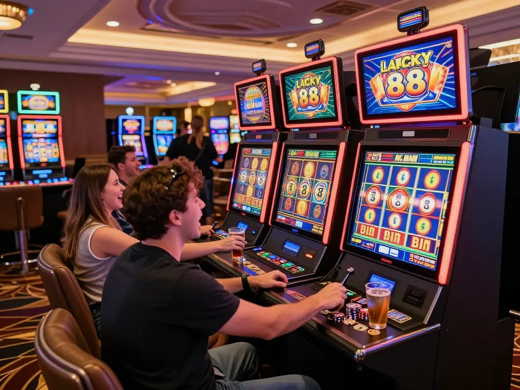 Lucky 88 slot machine excitement in a bustling casino environment.
