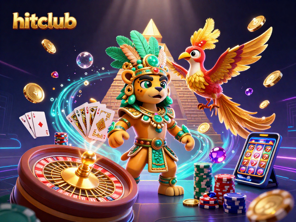 Hitclub's vibrant 3D Mayan-themed casino scene showcasing dynamic games and lucky symbols.