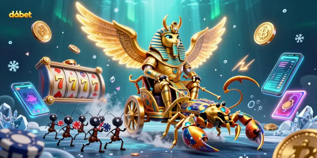 Dabet showcases an illustrated casino scene with vibrant slot symbols and a majestic pharaoh beetle.