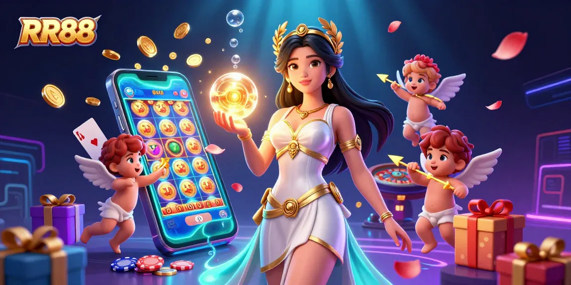 Experience the excitement of RR88 casino with a stunning illustration of games and golden rewards.