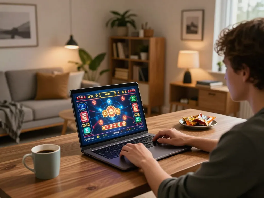 Socolive user placing bets on laptop in a modern gaming setup, showcasing responsible online gambling