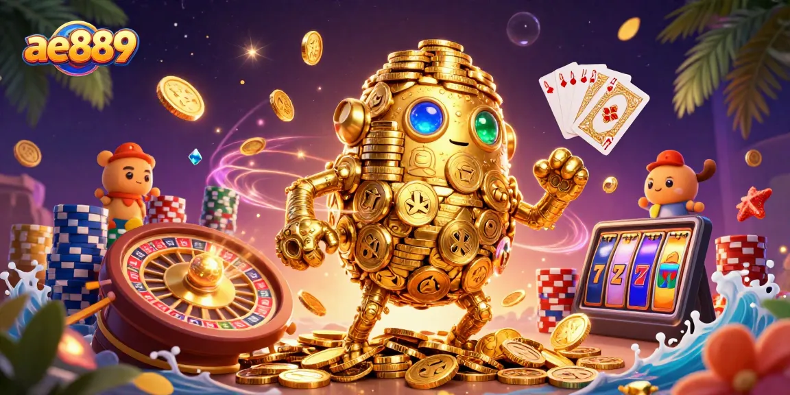 Spin to win at ae889 with a golden golem surrounded by vibrant casino elements and dynamic action.