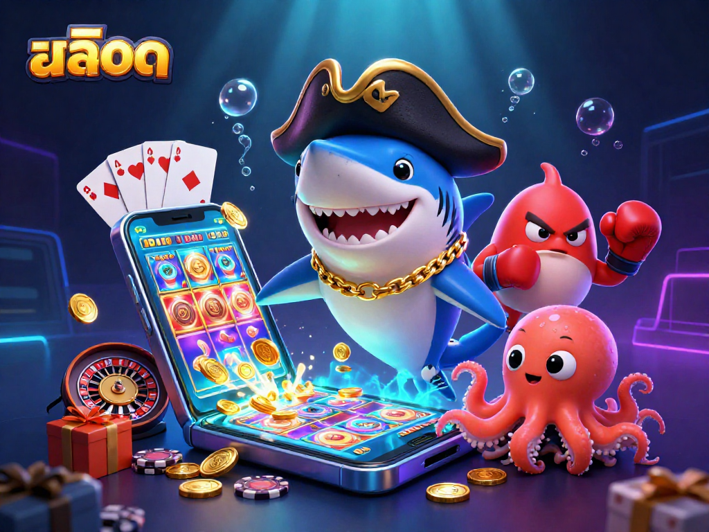 Spin colorful slot games with สล็อต characters in a vibrant 3D underwater casino scene.