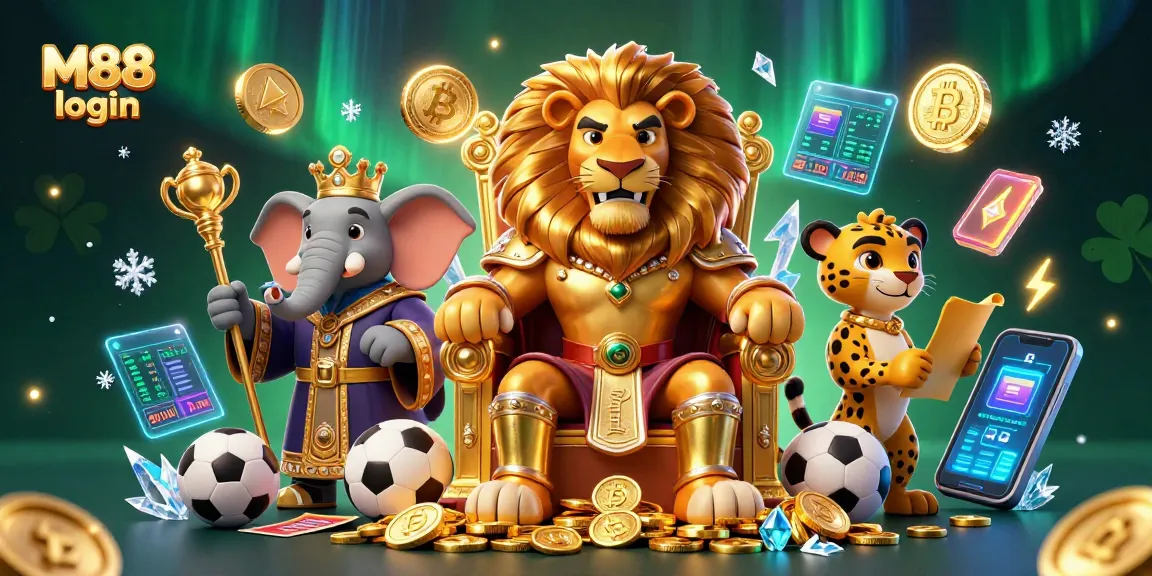 M88 login showcases the fierce lion king and wise elephant amidst vibrant sports betting themes in a rich 3D illustration.