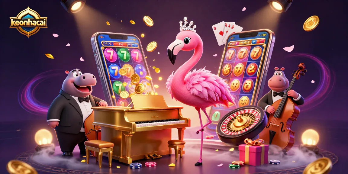 Engage with keonhacai's vibrant casino atmosphere featuring singing flamingo and hippo bassist.