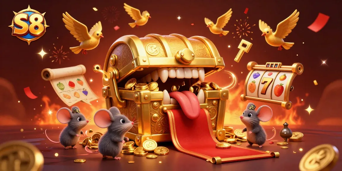 Experience the excitement of S8 with a vibrant casino scene featuring treasure elements and slot games.