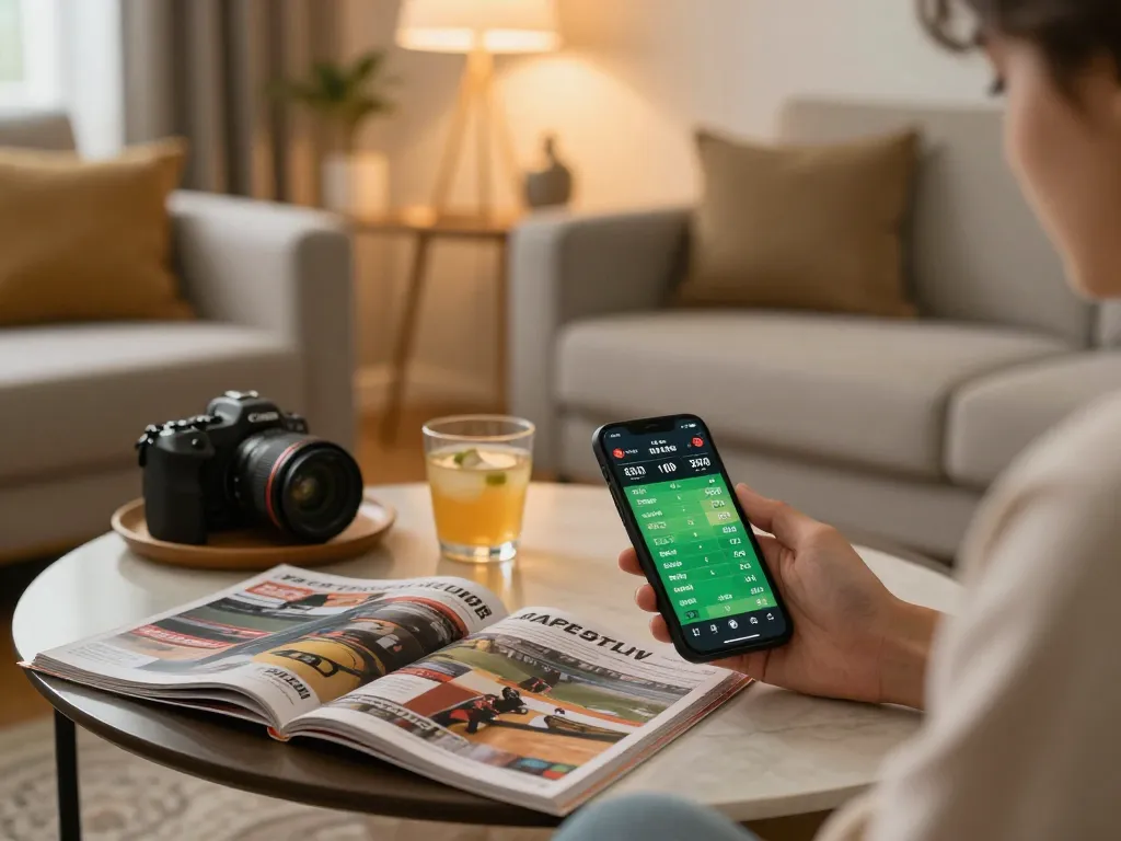 Experience sports betting on lc88 .com with a person engaged in mobile gaming, surrounded by magazines and drinks
