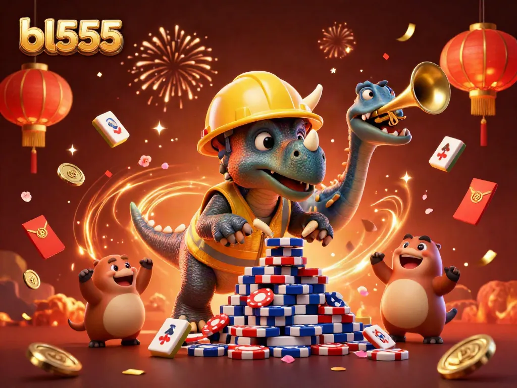 Celebrate winning moments at bl555 with colorful casino-themed illustration featuring dynamic characters and festive elements.